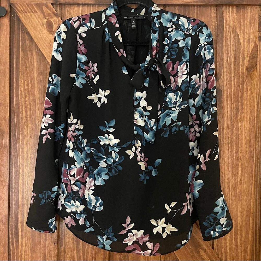 White House Black Market Black, Blue, and Purple Floral Long Sleeve Blouse 4